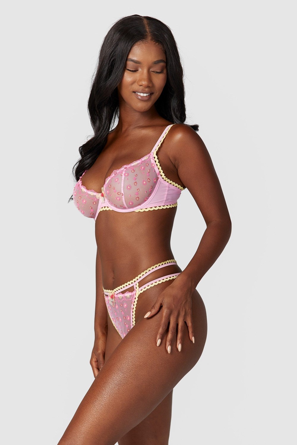 Lounge Underwear Daisy Embroidered Balcony Bra & Ranne/Briefs Set Pinkki | 869570KPO