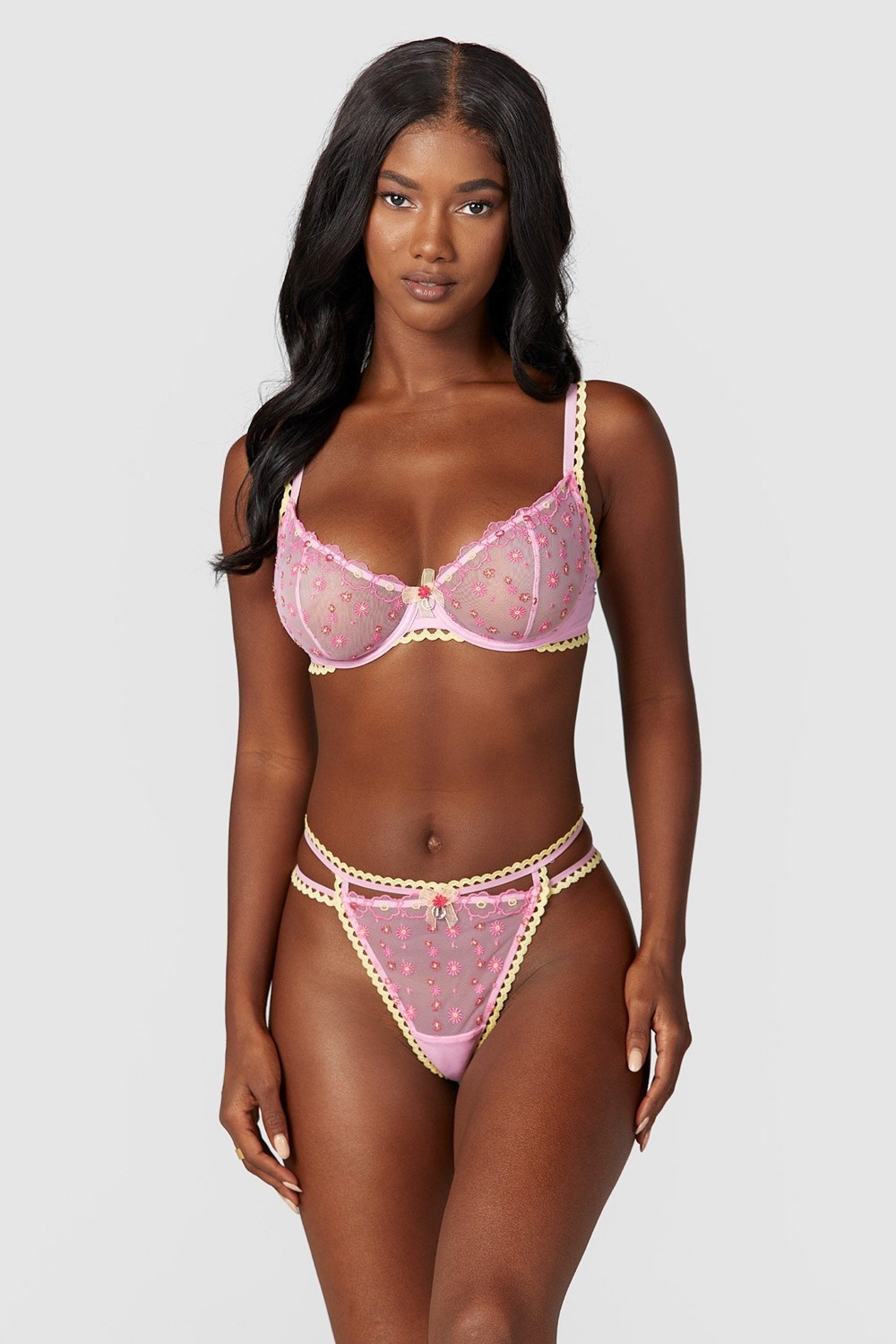 Lounge Underwear Daisy Embroidered Balcony Bra & Ranne/Briefs Set Pinkki | 869570KPO