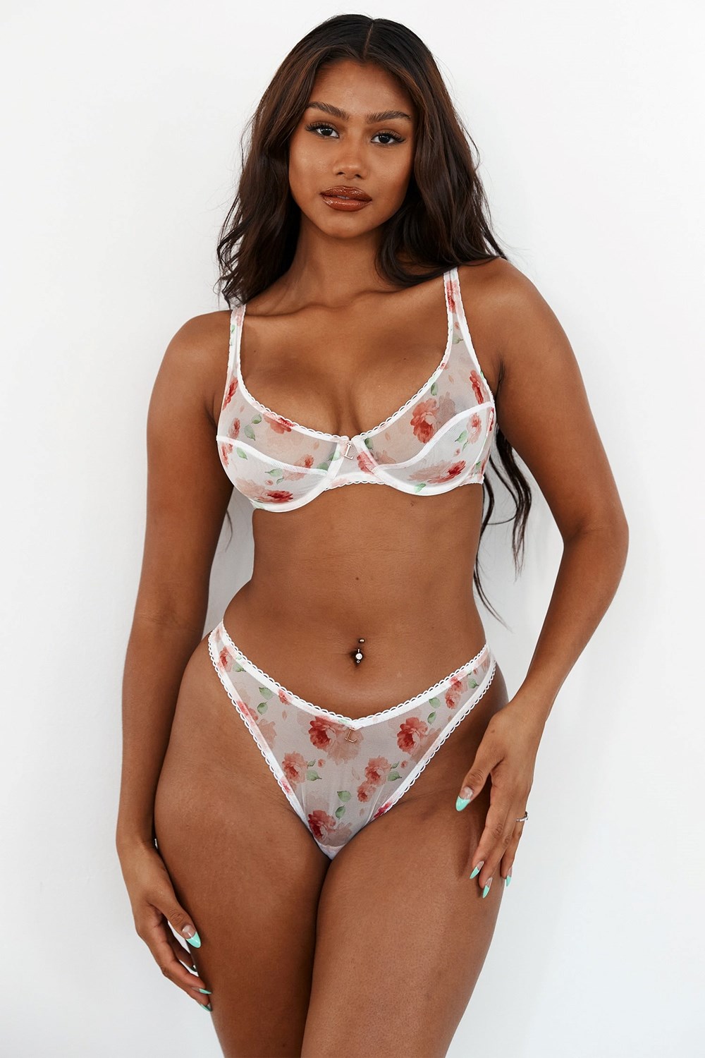 Lounge Underwear Floral Mesh Balcony Bra & Ranne Set Valkoinen | 174053OLC