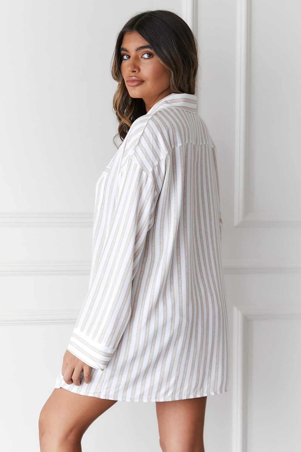 Lounge Underwear Pinstripe Oversized Pyjama Shirt & Briefs Set Mink | 702831GRV